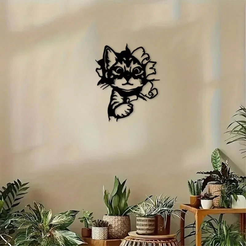 Cat Silhouette Metal Art, Black White Iron Wall Decor for Indoor Outdoor, Rust-Proof Waterproof Bedroom Bathroom