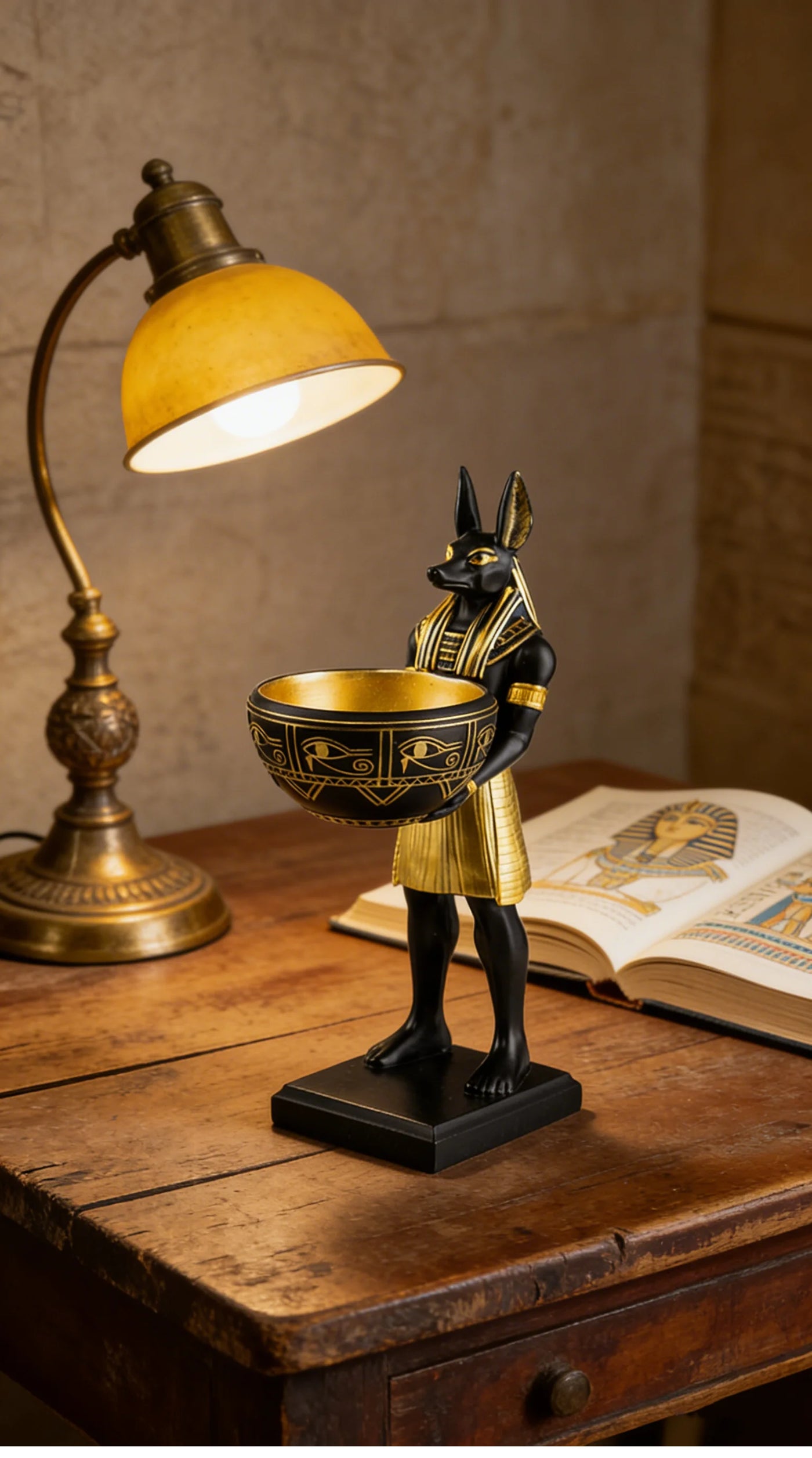Escultura Anubis con bandeja decorativa en resina