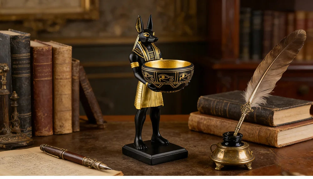 Escultura Anubis con bandeja decorativa en resina