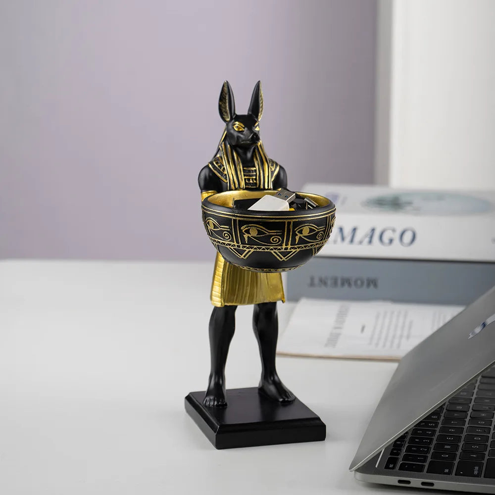 Escultura Anubis con bandeja decorativa en resina