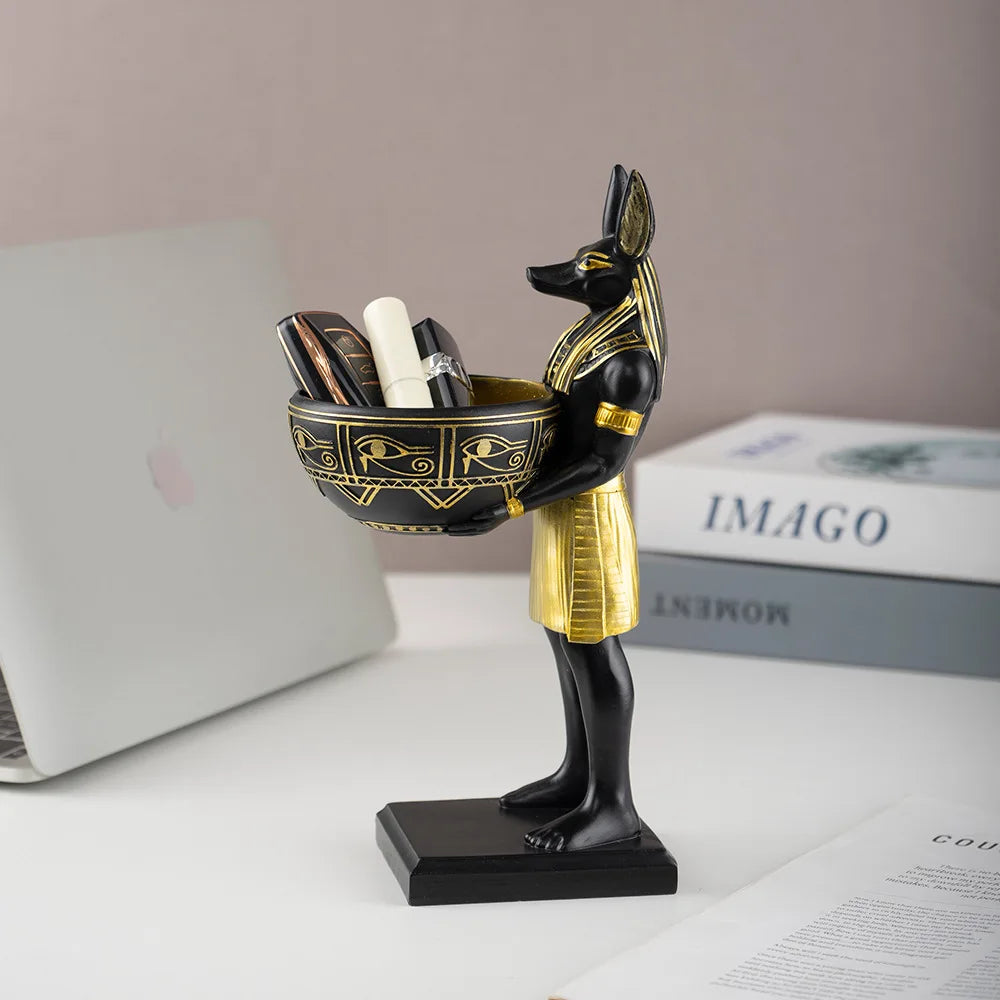 Escultura Anubis con bandeja decorativa en resina