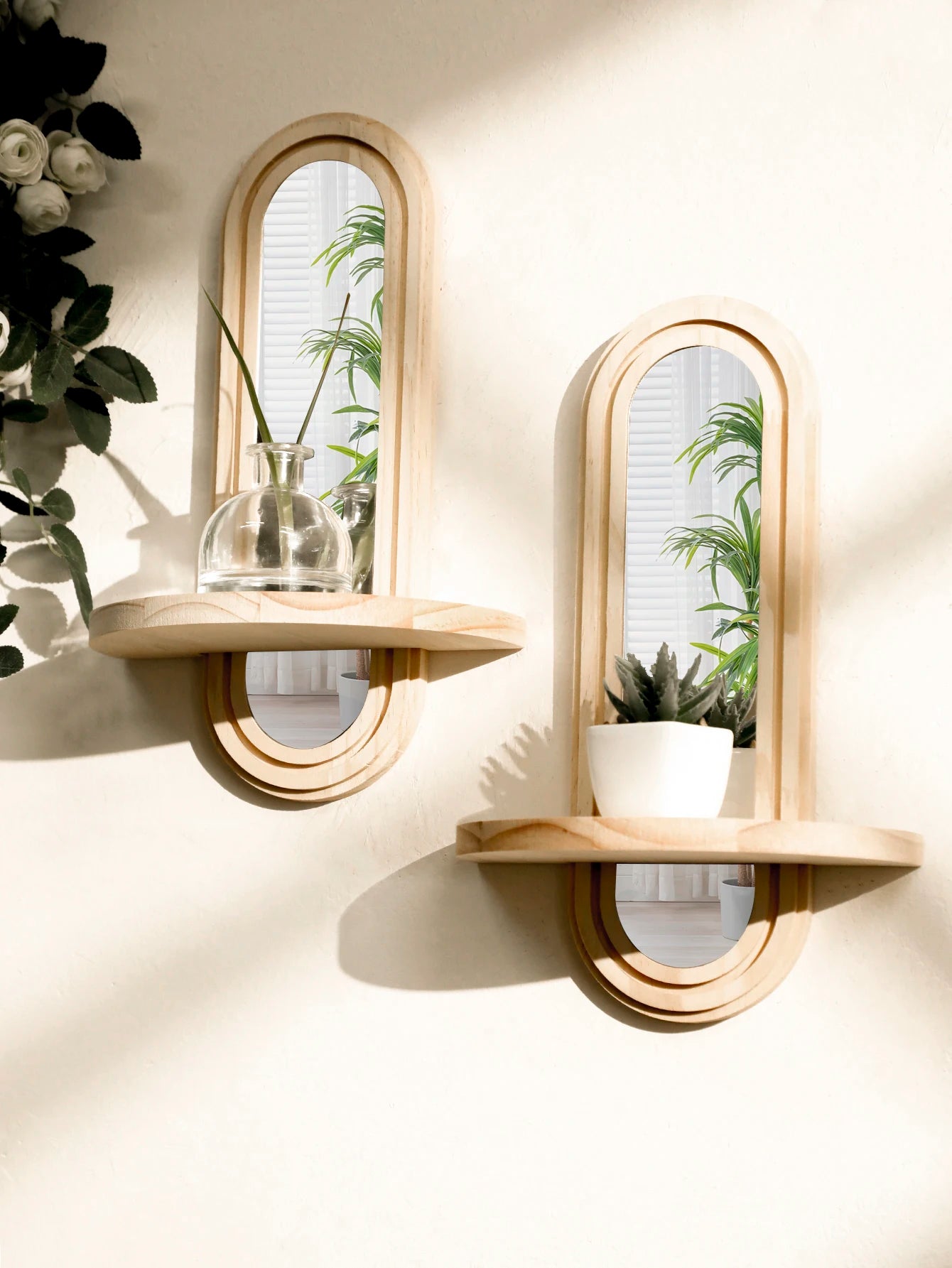 Espejo y repisa boho de madera para pared
