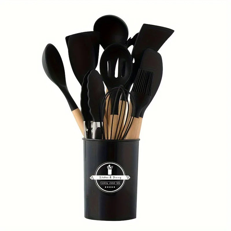 Set de 12 Utensilios de Cocina de Silicona y Mango Madera