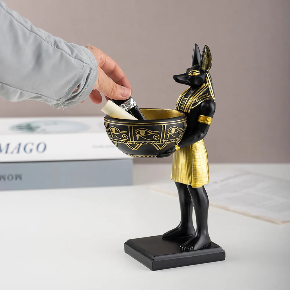 Escultura Anubis con bandeja decorativa en resina
