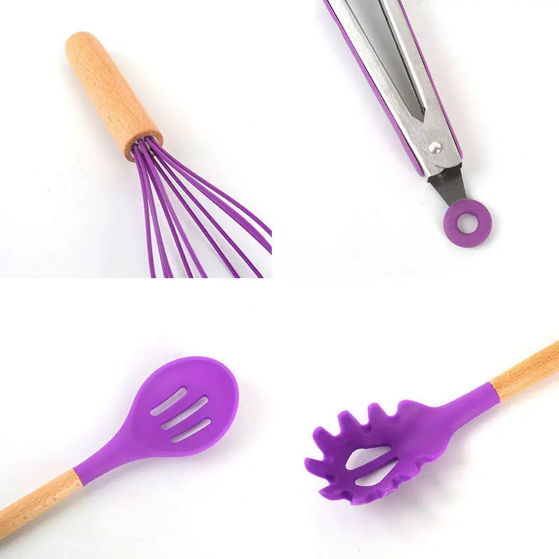 Set de 12 Utensilios de Cocina de Silicona y Mango Madera