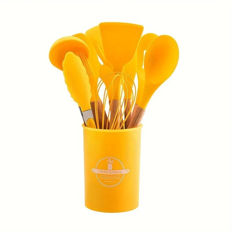 Set de 12 Utensilios de Cocina de Silicona y Mango Madera