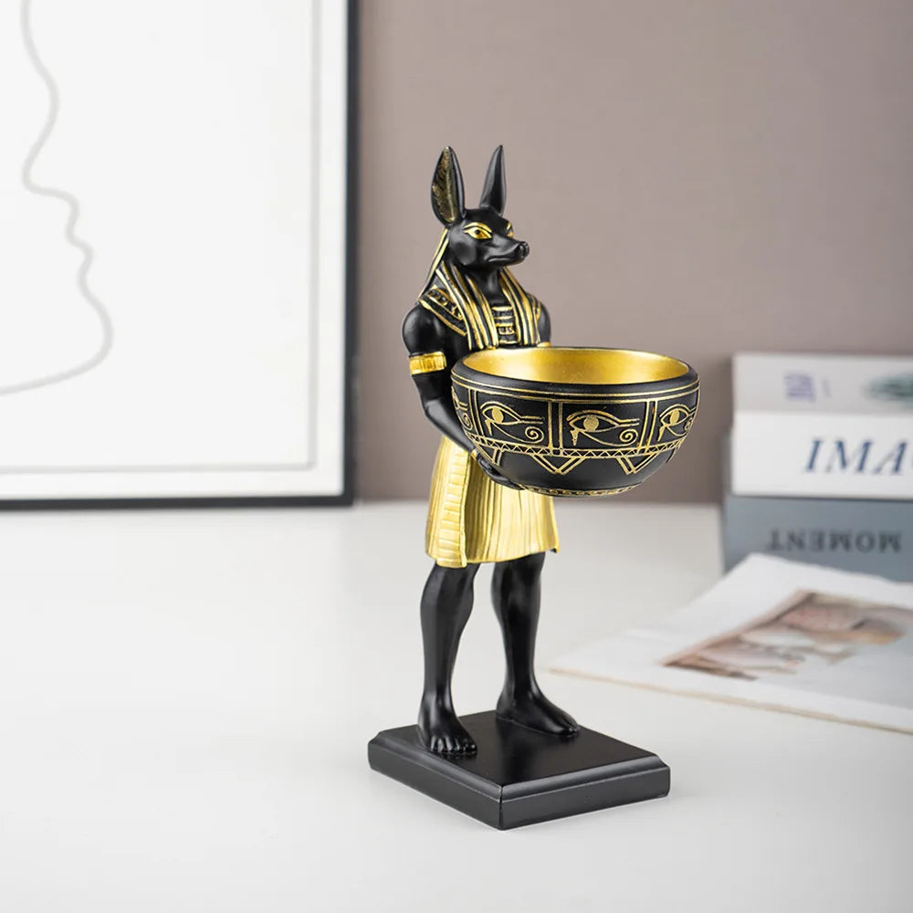 Escultura Anubis con bandeja decorativa en resina
