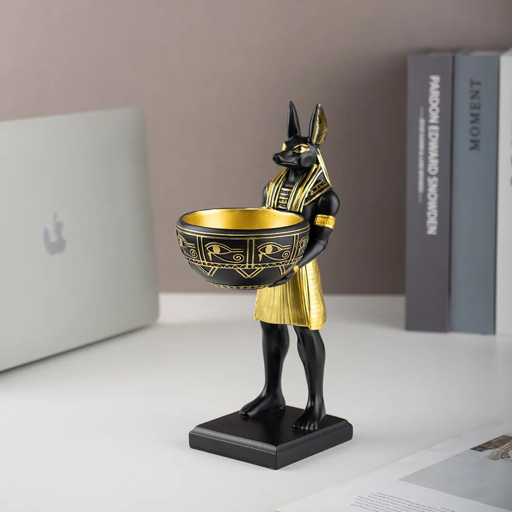 Escultura Anubis con bandeja decorativa en resina