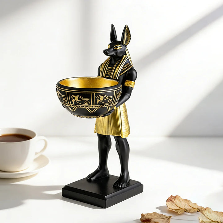 Escultura Anubis con bandeja decorativa en resina