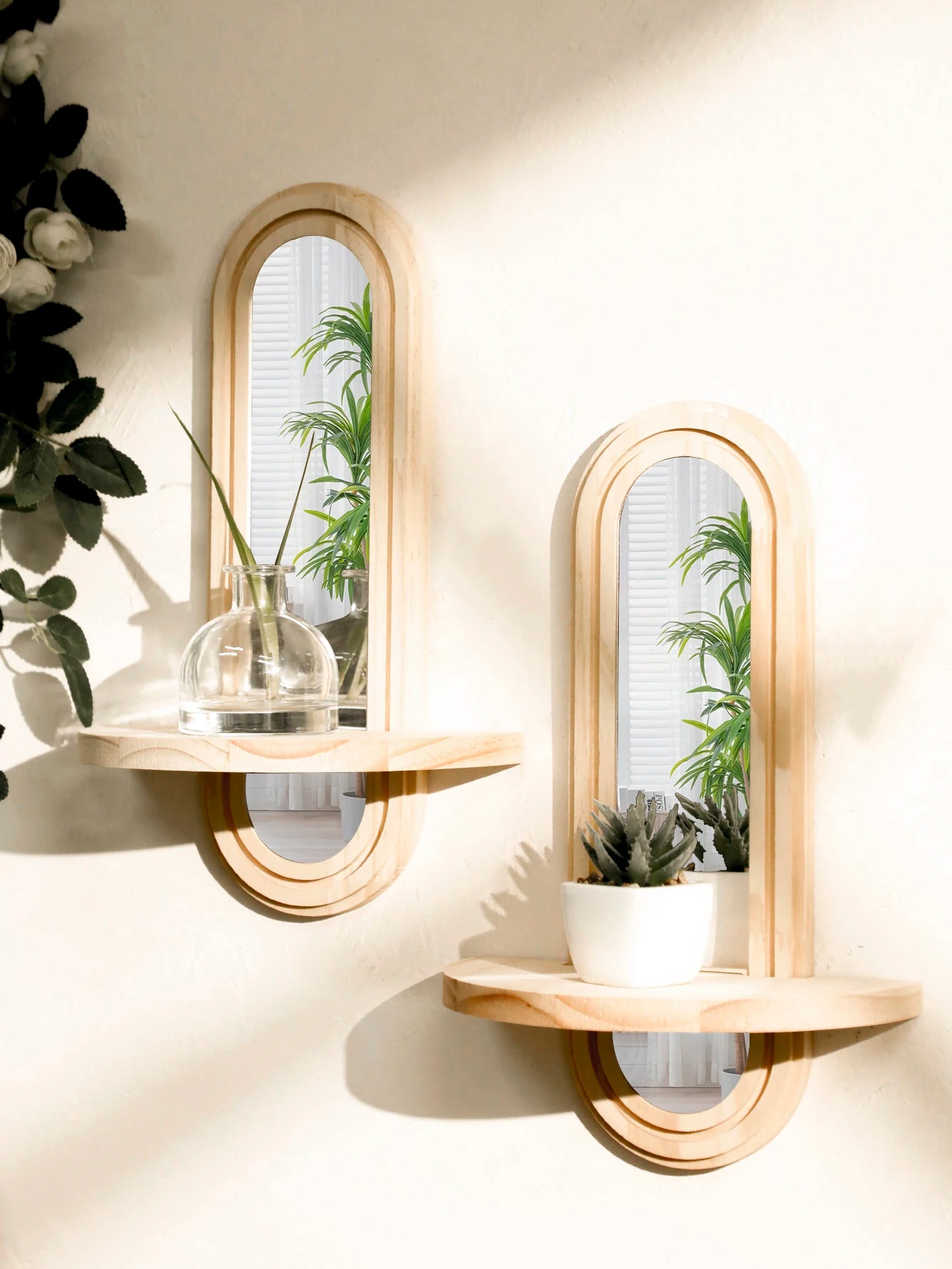 Espejo y repisa boho de madera para pared