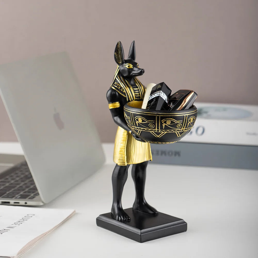 Escultura Anubis con bandeja decorativa en resina