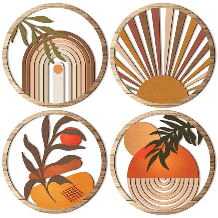 Set de 4 cuadros boho de madera para pared - 4PCS