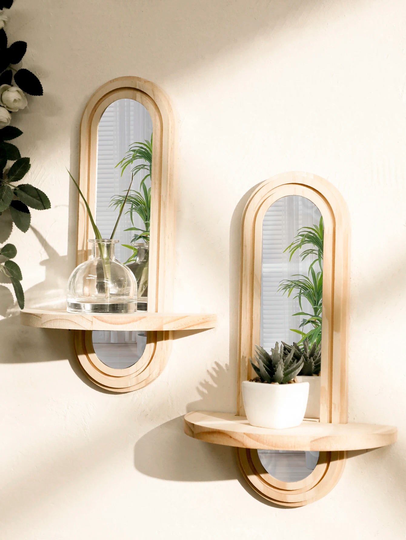 Espejo y repisa boho de madera para pared