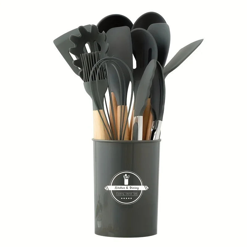 Set de 12 Utensilios de Cocina de Silicona y Mango Madera