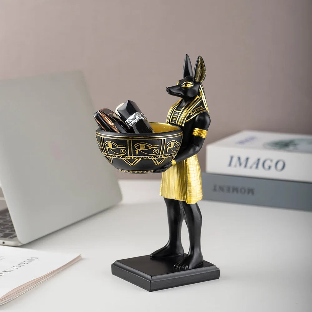 Escultura Anubis con bandeja decorativa en resina