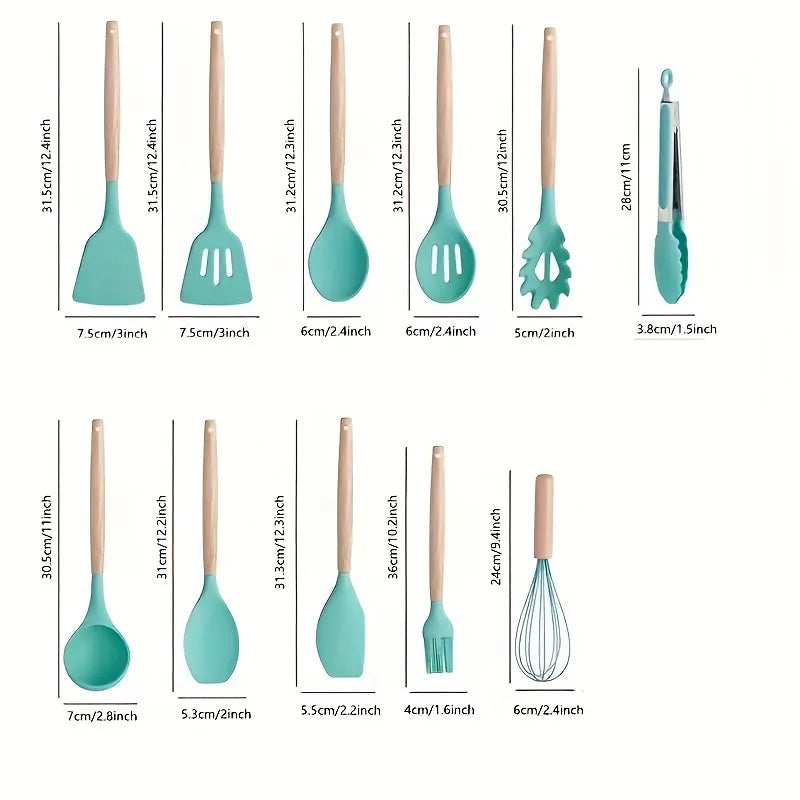 Set de 12 Utensilios de Cocina de Silicona y Mango Madera