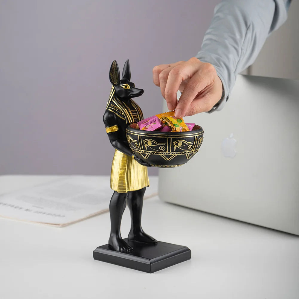 Escultura Anubis con bandeja decorativa en resina