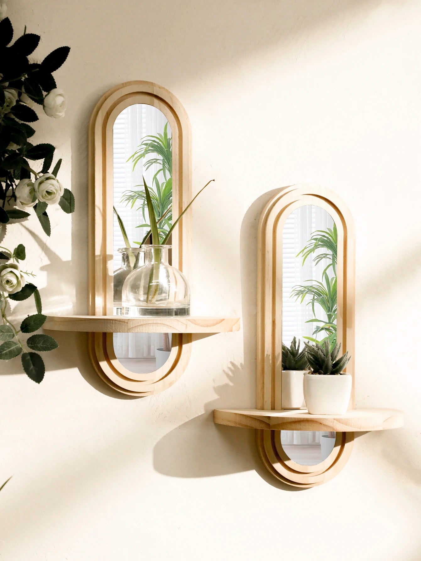 Espejo y repisa boho de madera para pared